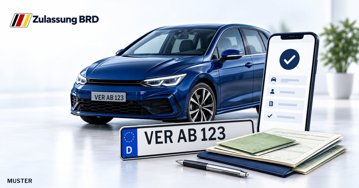 Online Fahrzeugzulassung in Verden (Aller): Musterkennzeichen VER AB 123, Auto und Fahrzeugpapiere und Smartphone. Illustration mit Logo von Zulassung BRD.